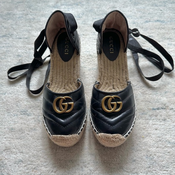 Gucci Charlotte Marmont Espadrilles Platform Wedge Heels Black Leather 8.5/9 - Picture 1 of 11